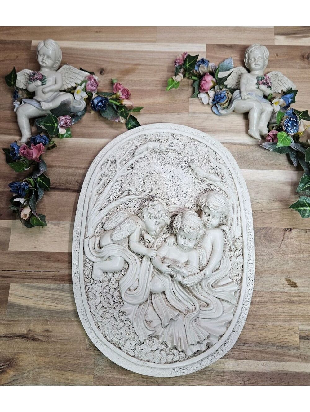 3-Pc Cherub Wall Decor Set Woodland Relief Plaque & Matching Floral Corner Swags